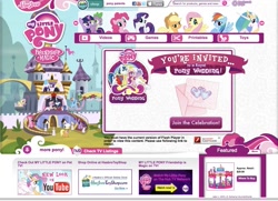 Size: 1103x800 | Tagged: safe, derpibooru import, angel bunny, applejack, fluttershy, pinkie pie, princess cadance, princess celestia, rainbow dash, rarity, shining armor, spike, tank, twilight sparkle, alicorn, earth pony, pegasus, pony, unicorn, a canterlot wedding, chef's hat, clothes, dress, female, hasbro, hat, looking at you, male, mane seven, mane six, official, shiningcadance, shipping, smiling, straight, vector, website, wedding dress