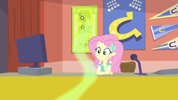 Size: 1280x720 | Tagged: safe, derpibooru import, screencap, fluttershy, better together, equestria girls, sock it to me, sock it to me: bulk biceps, computer, cute, female, hairpin, microphone, shyabetes, smiling, solo