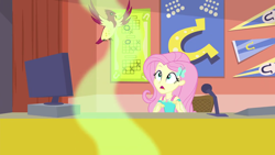 Size: 1280x720 | Tagged: safe, derpibooru import, screencap, fluttershy, bird, better together, equestria girls, sock it to me, sock it to me: bulk biceps, computer, female, geode of fauna, hairpin, magical geodes, microphone, solo