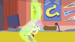 Size: 1280x720 | Tagged: safe, derpibooru import, screencap, fluttershy, bird, better together, equestria girls, sock it to me, sock it to me: bulk biceps, computer, female, geode of fauna, hairpin, magical geodes, microphone, solo