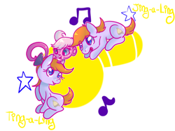 Size: 700x525 | Tagged: safe, artist:c0tt0ntales, derpibooru import, earth pony, monkey, pony, g1, my little pony tales, bell, bow, crossover, female, filly, hair bow, jing-a-ling, littlest pet shop, minka mark, music notes, stars, ting-a-ling, twins