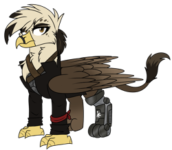 Size: 1543x1348 | Tagged: safe, artist:rokosmith26, derpibooru import, oc, oc only, griffon, amputee, annoyed, chest fluff, clothes, eyeshadow, female, fluffy, griffon oc, looking at you, makeup, paws, prosthetic limb, prosthetics, simple background, solo, talons, transparent background, wings