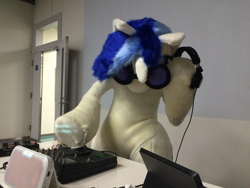 Size: 1024x768 | Tagged: safe, artist:luna_b_, derpibooru import, dj pon-3, vinyl scratch, human, clothes, cosplay, costume, dj booth, dj table, fursuit, irl, irl human, japan, japan ponycon, photo, turntable