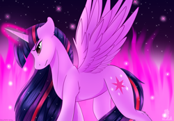 Size: 2996x2089 | Tagged: safe, artist:monsoonvisionz, derpibooru import, twilight sparkle, twilight sparkle (alicorn), alicorn, pony, female, glowing horn, high res, horn, magic, mare, solo, spread wings, wings