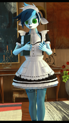 Size: 1080x1920 | Tagged: safe, artist:sfm deer animations, derpibooru import, oc, oc:vida, anthro, goat, clothes, countershading, indoors, maid, maid headdress, solo, standing, stockings, thigh highs