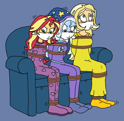 Size: 1585x1552 | Tagged: safe, artist:bugssonicx, derpibooru import, sunflower spectacle, sunset shimmer, trixie, equestria girls, arm behind back, bondage, bound and gagged, cloth gag, clothes, female, femsub, footed sleeper, gag, nightgown, pajamas, rope, rope bondage, sitting, sofa, submissive, subset, tied up, trixsub