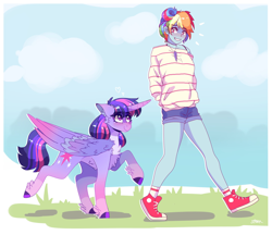 Size: 2496x2160 | Tagged: safe, artist:aaa-its-spook, derpibooru import, rainbow dash, twilight sparkle, twilight sparkle (alicorn), alicorn, pony, equestria girls, aaa-its-spook, accessories, alternate hairstyle, blushing, cheek fluff, chest fluff, clothes, colored wings, converse, cute, ear fluff, ears, eye clipping through hair, eyebrows visible through hair, female, floating heart, floppy ears, fluffy, gradient wings, hands behind back, heart, hoof fluff, hoof polish, horn, lesbian, long horn, looking at each other, mare, shipping, shoes, shorts, smiling, twidash, walking, wing fluff, wings