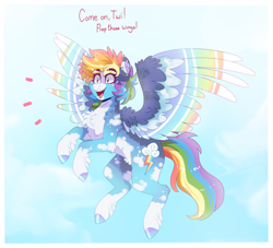 Size: 2247x2040 | Tagged: safe, artist:aaa-its-spook, derpibooru import, rainbow dash, pegasus, pony, alternate hairstyle, blaze (coat marking), cheek fluff, chest fluff, coat markings, colored wings, cute, dashabetes, dialogue, ear fluff, ears, excited, eyebrows visible through hair, female, fluffy, flying, hoof fluff, hoof polish, implied lesbian, implied shipping, implied twidash, implied twilight sparkle, mare, multicolored wings, open mouth, pale belly, socks (coat marking), solo, spread wings, talking, wing fluff, wings