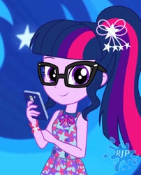 Size: 850x1050 | Tagged: safe, artist:rjp.rammy, derpibooru import, sci-twi, twilight sparkle, equestria girls, cellphone, clothes, dress, phone, sleeveless, solo