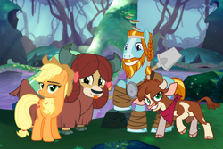 Size: 2400x1600 | Tagged: safe, derpibooru import, applejack, arizona cow, rockhoof, yona, yak, them's fightin' herds, group, male, rockhoof's shovel, shovel