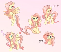 Size: 4096x3512 | Tagged: safe, artist:nin10ja, derpibooru import, fluttershy, pegasus, pony, cheek bulge, chest fluff, cute, eye clipping through hair, eyes closed, female, flying, frown, looking at you, mare, music notes, open mouth, shyabetes, simple background, singing, sitting, smiling, spread wings, wings