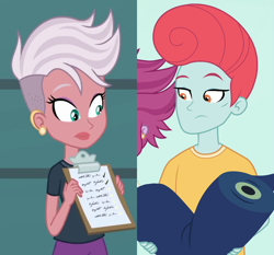 Size: 1086x1012 | Tagged: safe, derpibooru import, screencap, better together, equestria girls, rollercoaster of friendship, background human, candyberry, clipboard, crack shipping, cropped, ear piercing, earring, fabric, female, jewelry, male, pearl pompadour, pearlcandy, piercing, pilot pearl, shipping, shipping domino, straight