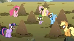 Size: 3000x1688 | Tagged: safe, derpibooru import, applejack, fluttershy, pinkie pie, rainbow dash, spike, twilight sparkle, a dog and pony show, dirt, field, mud, mud mask