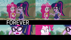 Size: 1280x720 | Tagged: safe, derpibooru import, edit, edited screencap, editor:quoterific, screencap, pinkie pie, sci-twi, twilight sparkle, better together, equestria girls, friendship math, beach, clothes, forever, geode of sugar bombs, geode of telekinesis, glasses, jewelry, magical geodes, necklace, ponytail, sweat, swimsuit, text
