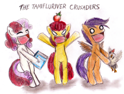 Size: 500x382 | Tagged: artist needed, safe, derpibooru import, apple bloom, scootaloo, sweetie belle, bird, chicken, earth pony, pegasus, unicorn, apple, crossover, cutie mark crusaders, dictionary, dictionary belle, female, filly, food, lunasa prismriver, lyrica prismriver, meme, merlin prismriver, ponified meme, scootachicken, tamifluriver sisters, touhou, trio
