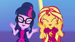 Size: 1280x720 | Tagged: safe, derpibooru import, screencap, sci-twi, sunset shimmer, twilight sparkle, better together, equestria girls, i'm on a yacht, ^^, clothes, cute, cutie mark, cutie mark on clothes, daaaaaaaaaaaw, duo, duo female, eyes closed, female, glasses, hey, open mouth, ponytail, shimmerbetes, singing, smiling, twiabetes