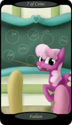 Size: 1500x2591 | Tagged: safe, artist:sixes&sevens, derpibooru import, part of a set, cheerilee, earth pony, chalkboard, circle, female, math, minor arcana, mouth hold, offscreen character, pointer, ponyville schoolhouse, raised hoof, raised leg, school, seven of coins, tarot card, teaching