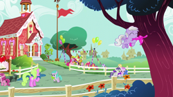 Size: 1280x720 | Tagged: safe, derpibooru import, screencap, apple bloom, aura (character), boysenberry, daisy, flower wishes, liza doolots, noi, peach fuzz, petunia, pinkie pie, piña colada, ruby pinch, scootaloo, sweet pop, sweetie belle, tootsie flute, tornado bolt, dog, earth pony, monkey, pegasus, pony, snake, unicorn, the one where pinkie pie knows, applecore, balloon, balloon animal, chatting, cutie mark crusaders, eyes closed, female, filly, flag, flying, heart, holding, mare, mouth hold, ponyville schoolhouse, puppy, school, talking, tree, trio, triple berry, walking