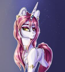 Size: 2518x2786 | Tagged: safe, artist:sugarypolecat, derpibooru import, oc, oc:lavender silverhorn, pony, unicorn, ear piercing, earring, eyeshadow, golden eyes, horn, horn ring, jewelry, makeup, necklace, piercing, pink mane, ring, solo, white body