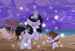 Size: 3840x2592 | Tagged: safe, artist:jennieoo, derpibooru import, pipsqueak, oc, oc:celtic melody, earth pony, unicorn, beach, beach chair, cloud, cloudy, enya, music notes, singing, stars, unicorn magic