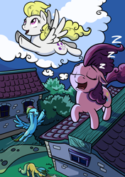 Size: 984x1400 | Tagged: safe, alternate version, artist:28gooddays, derpibooru import, applejack, pinkie pie, rainbow dash, surprise, earth pony, pegasus, pony, g1, dream, onomatopoeia, sleeping, sleepwalking, sound effects, this will end in pain, trampoline, updated, zzz