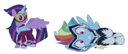 Size: 1273x533 | Tagged: safe, artist:benpictures1, derpibooru import, masked matter-horn, rainbow dash, twilight sparkle, twilight sparkle (alicorn), zapp, alicorn, pegasus, power ponies (episode), inkscape, power ponies, vector