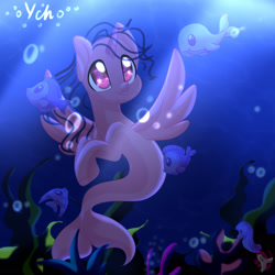 Size: 2024x2024 | Tagged: safe, artist:auroracursed, derpibooru import, oc, oc only, alicorn, fish, pony, seapony (g4), bubble, crepuscular rays, deviantart watermark, eyelashes, fish tail, flowing mane, flowing tail, horn, obtrusive watermark, ocean, purple eyes, seaponified, seaweed, smiling, solo, species swap, sunlight, tail, underwater, water, watermark, wings