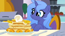 Size: 6405x3603 | Tagged: safe, artist:pumpkinpieforlife, derpibooru import, princess luna, alicorn, pony, absurd resolution, food, pancakes, s1 luna, solo