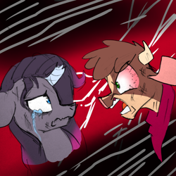 Size: 1096x1096 | Tagged: safe, artist:redahfuhrerking, derpibooru import, arizona cow, oleander, classical unicorn, unicorn, them's fightin' herds, angry, arizona cow is not amused, bloodshot eyes, broken horn, cloven hooves, crying, horn, leonine tail, unshorn fetlocks