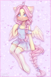 Size: 1653x2488 | Tagged: safe, artist:zefirka, derpibooru import, fluttershy, pegasus, semi-anthro, abstract background, alternate hairstyle, braid, braided tail, clothes, cute, female, looking at you, mare, shyabetes, sitting, socks