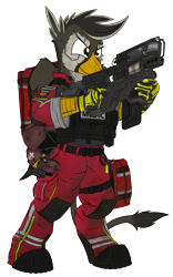 Size: 2266x3642 | Tagged: safe, artist:kamithepony, derpibooru import, oc, oc:greta johannsen, anthro, griffon, backpack, bipedal, boots, clothes, cyberpunk, female, gloves, griffon oc, gun, helmet, medic, medicart, paramedic, rifle, shoes, sierra nevada, simple background, solo, tactical vest, transparent background, trauma team, weapon