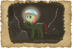 Size: 1280x854 | Tagged: safe, alternate version, artist:malte279, derpibooru import, oc, oc:mykologia mushroom, earth pony, pony, tails of equestria, hat, mushroom, mushroom hat, npc, parchment