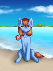 Size: 4800x6400 | Tagged: safe, artist:anatanoakanart, artist:humanpersonart, derpibooru import, oc, earth pony, pony, beach, earth pony oc, female, jewelry, looking at you, mare, necklace, sitting, solo