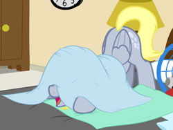 Size: 2000x1500 | Tagged: safe, artist:nitei, derpibooru import, derpy hooves, pegasus, pony, bed, blanket, clock, crouching, cute, dresser, face down ass up, hiding, lamp, laundry, laundry basket, open mouth, pillow, silly, silly pony, smiling, solo, who's a silly pony