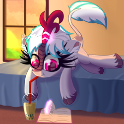 Size: 5000x5000 | Tagged: safe, artist:windykirin, derpibooru import, oc, oc:windshear, kirin, bed, bubble tea, drinking, female, kirin oc, lying down, magic, reading, solo, sunset, window