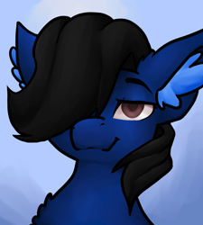 Size: 1176x1309 | Tagged: safe, artist:skyblazeart, derpibooru import, oc, oc:union jack, earth pony, pony, black mane, blue background, blue fur, brown eyes, bust, chest fluff, ear fluff, ears, gradient background, happy, male, request, simple background, solo, stallion