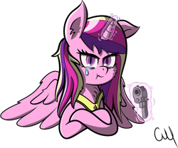 Size: 1114x925 | Tagged: artist needed, source needed, safe, derpibooru import, princess cadance, alicorn, pony, crying, gun, handgun, levitation, looking at you, magic, pistol, simple background, slit eyes, solo, teary eyes, telekinesis, transparent background