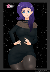 Size: 1235x1775 | Tagged: safe, alternate version, artist:clouddg, derpibooru import, rarity, human, black lipstick, clothes, dress, ear piercing, earring, humanized, jewelry, lipstick, looking at you, nail polish, piercing, smiling, solo, stockings, thigh highs