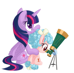 Size: 2294x2276 | Tagged: safe, artist:vito, cozy glow, twilight sparkle, twilight sparkle (alicorn), alicorn, pegasus, pony, duo, female, filly, looking at something, looking up, mare, open mouth, pointing, simple background, sitting, smiling, telescope, transparent background