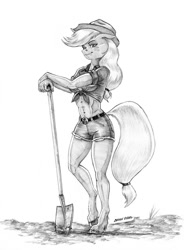 Size: 1000x1361 | Tagged: safe, artist:baron engel, applejack, anthro, earth pony, unguligrade anthro, belly button, clothes, cowboy hat, daisy dukes, female, freckles, front knot midriff, hat, midriff, monochrome, pencil drawing, shorts, shovel, smiling, solo, stetson, traditional art, wavy mouth