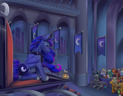 Size: 4200x3300 | Tagged: safe, artist:viwrastupr, derpibooru import, discord, princess luna, oc, oc:load bearing, oc:spark gap, alicorn, bat pony, earth pony, unicorn, fanfic:fine print, bat pony oc, bits, butt, disqord, high res, implied princess celestia, moonbutt, q, sack, throne, throne room