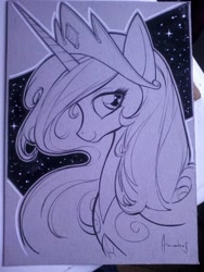 Size: 720x960 | Tagged: safe, artist:andres ponce, derpibooru import, princess celestia, alicorn, pony, bust, lineart, monochrome, portrait, solo, traditional art