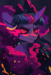 Size: 1500x2200 | Tagged: safe, artist:hierozaki, derpibooru import, twilight sparkle, pony, bust, female, glowing eyes, portrait, red eyes, slit eyes, solo