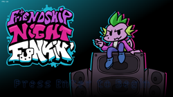 Size: 1280x720 | Tagged: safe, artist:crusader productions, derpibooru import, screencap, spike, dragon, boombox, friday night funkin', gradient background, mod, sitting, teenaged dragon, teenager, title screen, video game