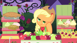 Size: 1920x1080 | Tagged: safe, derpibooru import, screencap, applejack, earth pony, pony, the best night ever, alone, angry, bored, clothes, cupcake, cutie, dress, drink, faic, farmer, female, flower, food, fritter, gala dress, grand galloping gala, green eyes, hat, juice, lonely, mare, orange fur, pie, sale, seller, solo, squishy cheeks, treats, unamused, working
