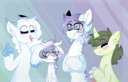 Size: 1400x905 | Tagged: safe, artist:sugarysharky, derpibooru import, oc, oc only, oc:dewdrop, oc:eclair, oc:eliaser, oc:lapis, dracony, hybrid, eye clipping through hair, eyes closed, height difference, interdimensional siblings, interspecies offspring, offspring, parent:rarity, parent:spike, parents:sparity, siblings