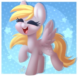 Size: 2361x2307 | Tagged: safe, artist:sakukitty, derpibooru import, derpy hooves, pegasus, pony, eyes closed, female, mare, open mouth, raised hoof, raised leg, smiling, solo, spread wings, wings