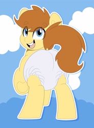 Size: 2943x4000 | Tagged: safe, artist:duckie, derpibooru import, oc, oc:techymagic, earth pony, pony, abdl, abstract background, adult diaper, adult foal, diaper, diaper fetish, eye clipping through hair, eyebrows, eyebrows visible through hair, fetish, looking at you, looking back, looking back at you, poofy diaper, solo