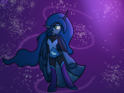 Size: 2048x1536 | Tagged: safe, artist:revenge.cats, derpibooru import, princess luna, human, alternate universe, cape, clothes, curved horn, flowing mane, horn, humanized, solo, wings