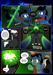 Size: 3259x4607 | Tagged: safe, artist:estories, derpibooru import, oc, oc:möbius, oc:penumbra, pegasus, pony, unicorn, comic:nevermore, clothes, comic, female, glowing eyes, male, scarf, stallion, wings